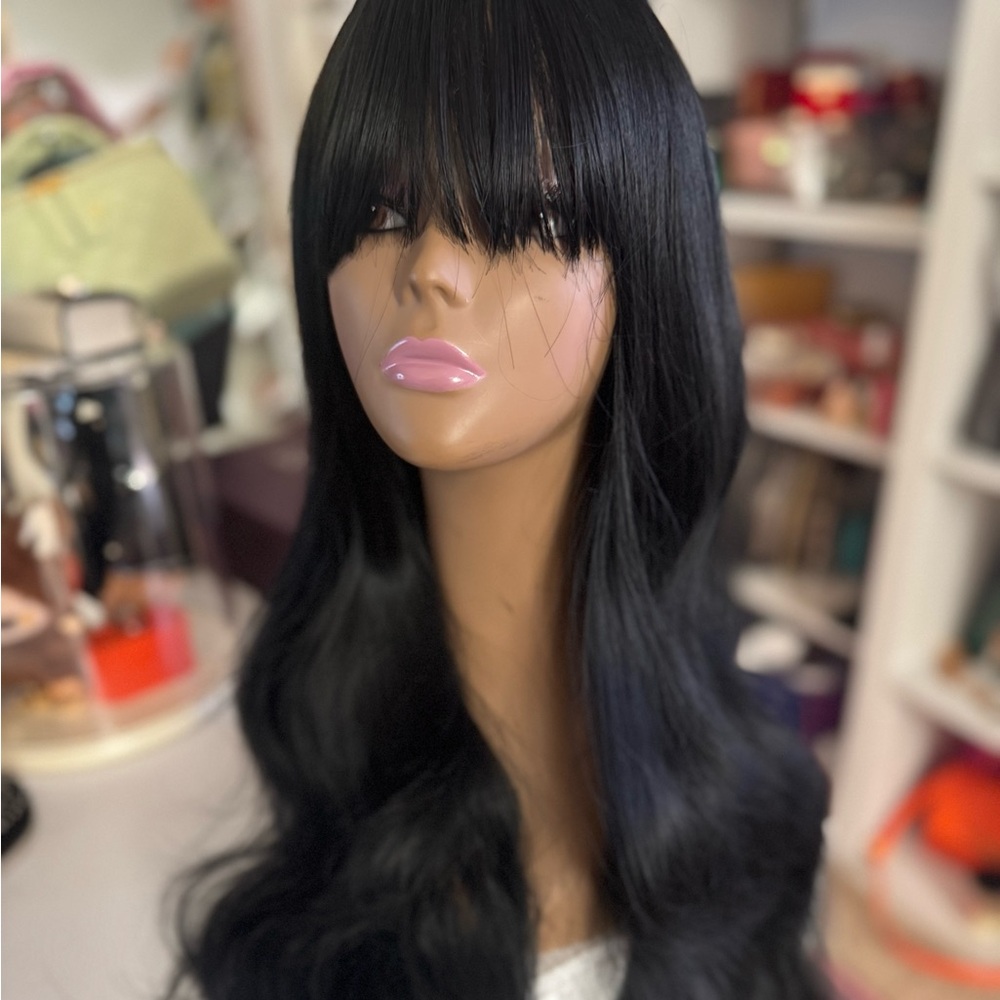 Long Black Wig with Bangs